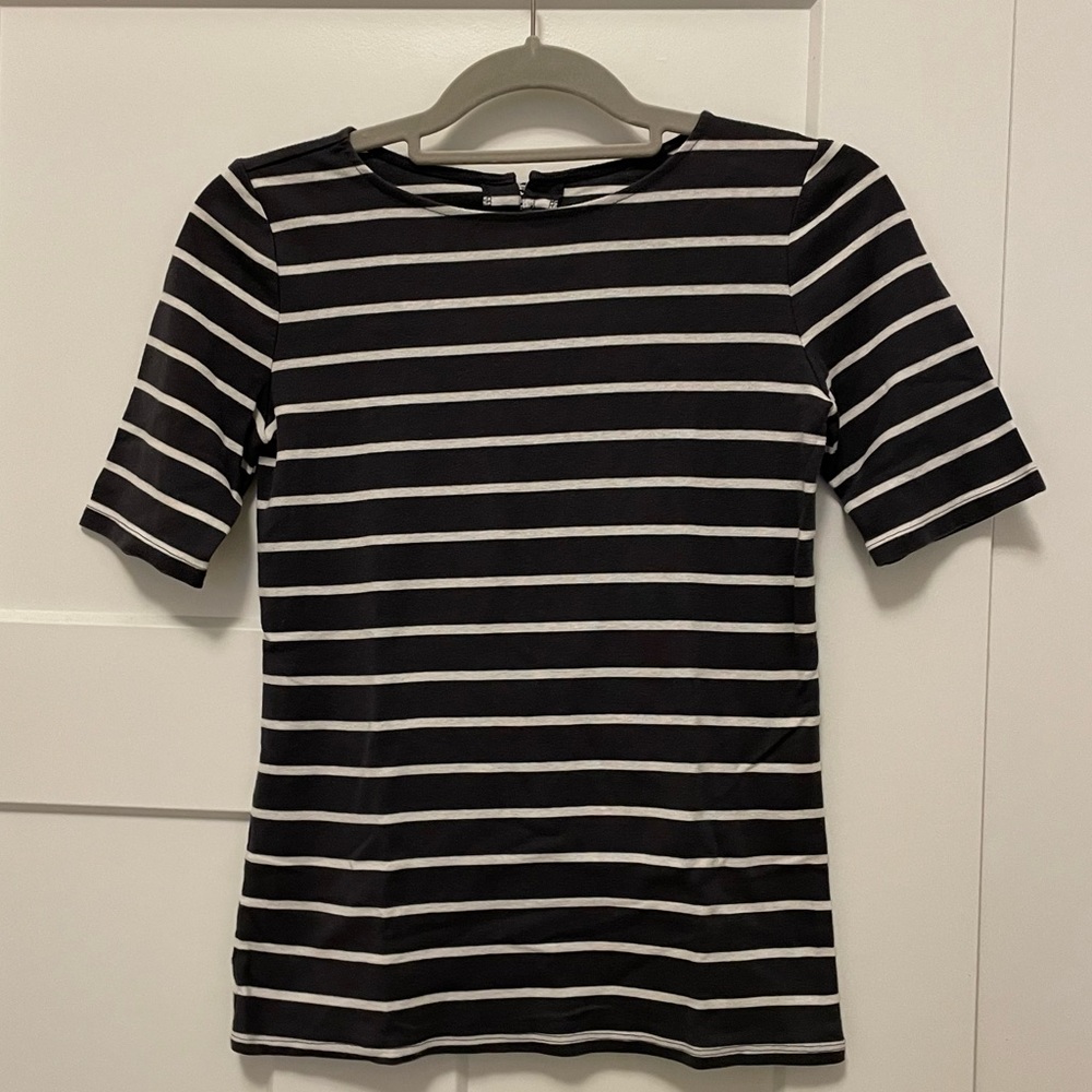 Grey & White Striped Boat Neck Loft Blouse